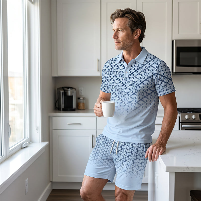 ⏳Time-Limited Special⏰Men's Geometric Print Collared Top & Shorts Set – Modern Pattern & Breathable Coordinated Look 🔷