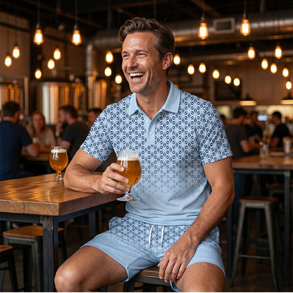 ⏳Time-Limited Special⏰Men's Geometric Print Collared Top & Shorts Set – Modern Pattern & Breathable Coordinated Look 🔷