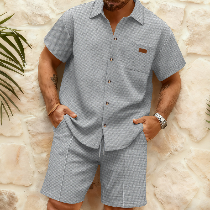 ⏳Time-Limited Special⏰Men's Waffle Knit Short Sleeve Shirt & Shorts Set – Breathable Texture & Relaxed Fit ☀️