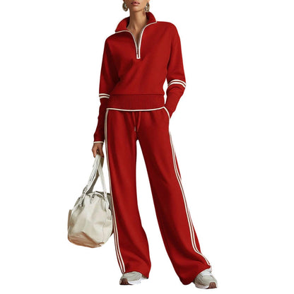 ✨ Effortless Comfort | Women's Half-Zip Top & Wide-Leg Pants 2-Piece Set