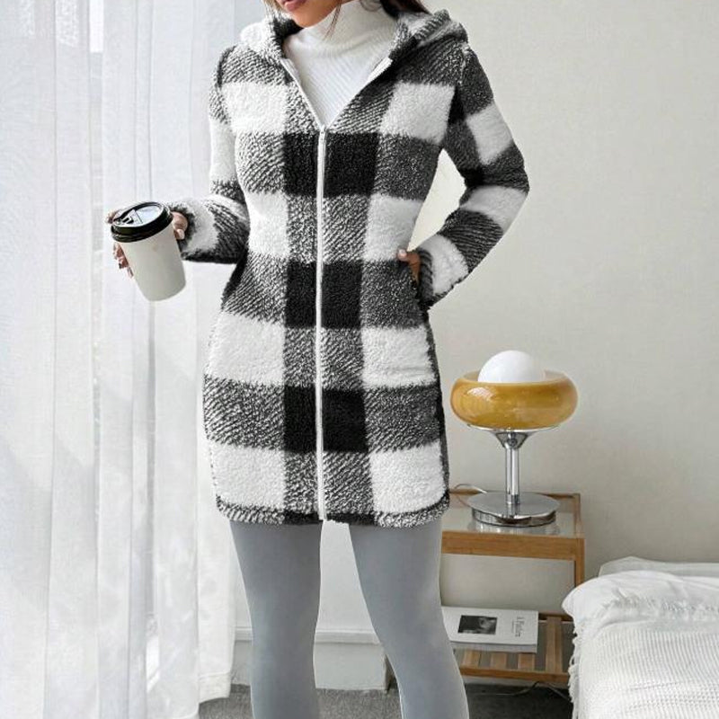 💖 Classic Plaid, Cozy Long-Line Coverage 🍂Women's Zip-Up Hooded Jacket