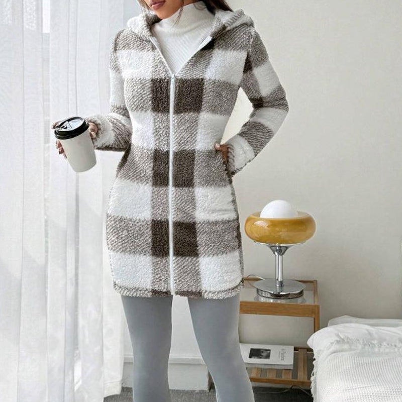 💖 Classic Plaid, Cozy Long-Line Coverage 🍂Women's Zip-Up Hooded Jacket