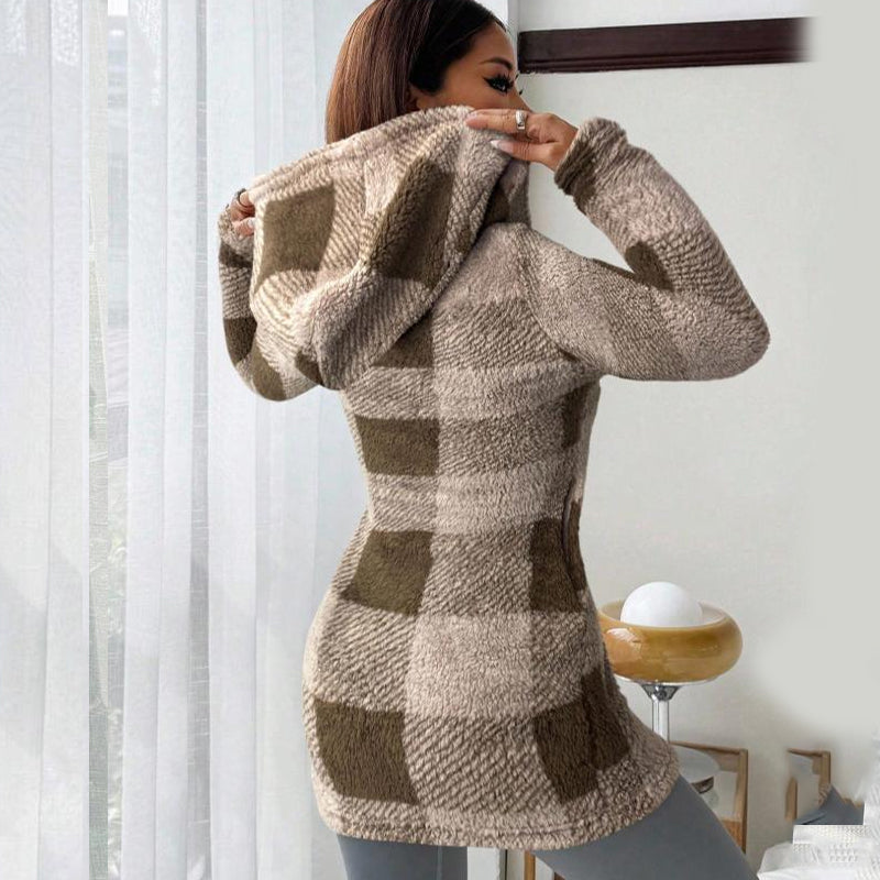 💖 Classic Plaid, Cozy Long-Line Coverage 🍂Women's Zip-Up Hooded Jacket