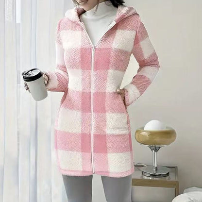 💖 Classic Plaid, Cozy Long-Line Coverage 🍂Women's Zip-Up Hooded Jacket