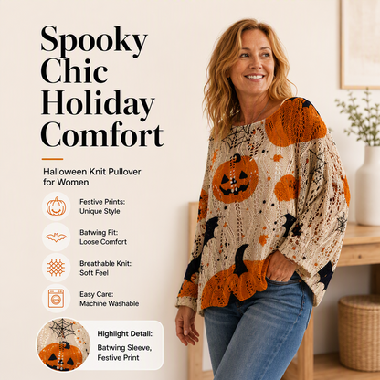 🎃 Latest Design | Women's Halloween Pumpkin-Print Batwing Knit Sweater