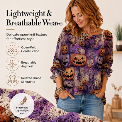 🎃 Latest Design | Women's Halloween Pumpkin-Print Batwing Knit Sweater