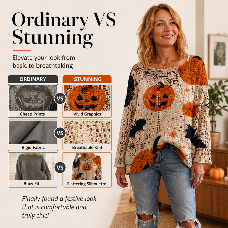 🎃 Latest Design | Women's Halloween Pumpkin-Print Batwing Knit Sweater