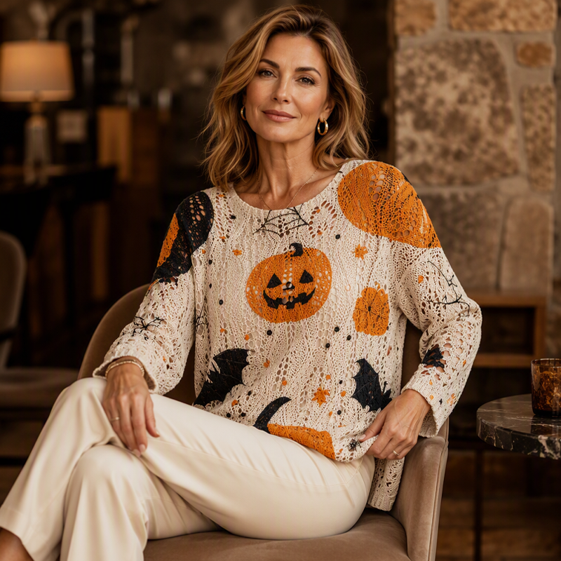 🎃 Latest Design | Women's Halloween Pumpkin-Print Batwing Knit Sweater