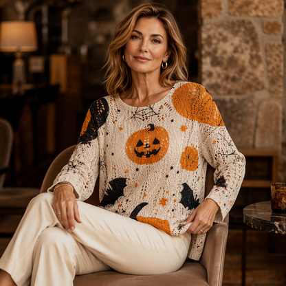 🎃 Latest Design | Women's Halloween Pumpkin-Print Batwing Knit Sweater