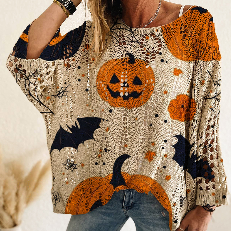 🎃 Latest Design | Women's Halloween Pumpkin-Print Batwing Knit Sweater
