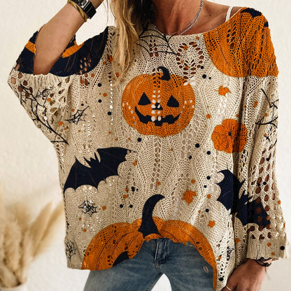 🎃 Latest Design | Women's Halloween Pumpkin-Print Batwing Knit Sweater