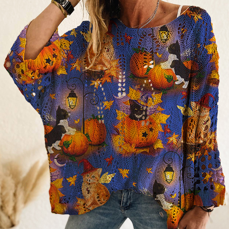 🎃 Latest Design | Women's Halloween Pumpkin-Print Batwing Knit Sweater