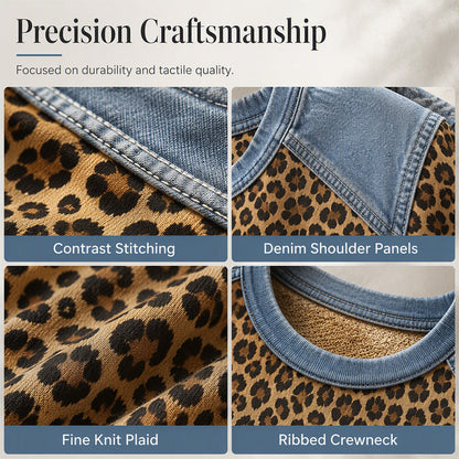 🐆 Retro Statement Style | Women's Leopard Print Denim-Patchwork Sweatshirt