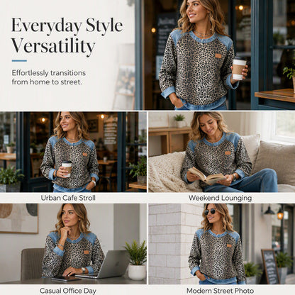 🐆 Retro Statement Style | Women's Leopard Print Denim-Patchwork Sweatshirt