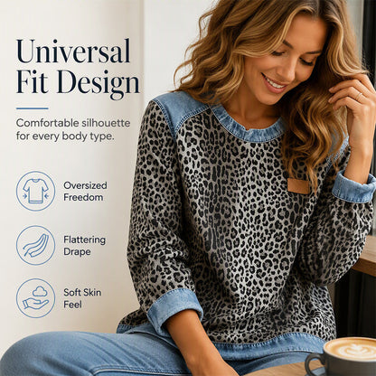 🐆 Retro Statement Style | Women's Leopard Print Denim-Patchwork Sweatshirt