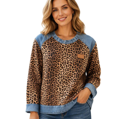 🐆 Retro Statement Style | Women's Leopard Print Denim-Patchwork Sweatshirt