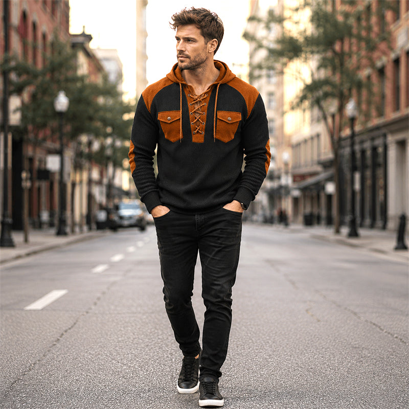 🧶 Rugged Details, Easy Comfort | Men's Waffle-Knit Lace-Up Hooded Sweatshirt