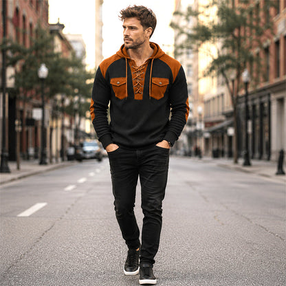 🧶 Rugged Details, Easy Comfort | Men's Waffle-Knit Lace-Up Hooded Sweatshirt