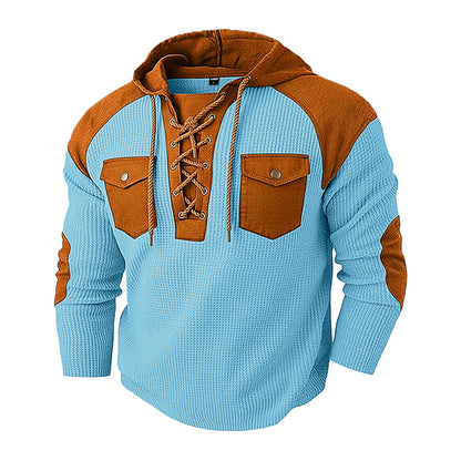 🧶 Rugged Details, Easy Comfort | Men's Waffle-Knit Lace-Up Hooded Sweatshirt