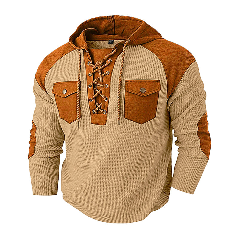 🧶 Rugged Details, Easy Comfort | Men's Waffle-Knit Lace-Up Hooded Sweatshirt