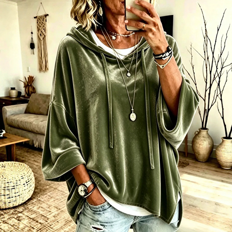 ✨ Velvet Comfort, Relaxed Style | Women's Drawstring Pullover Sweatshirt