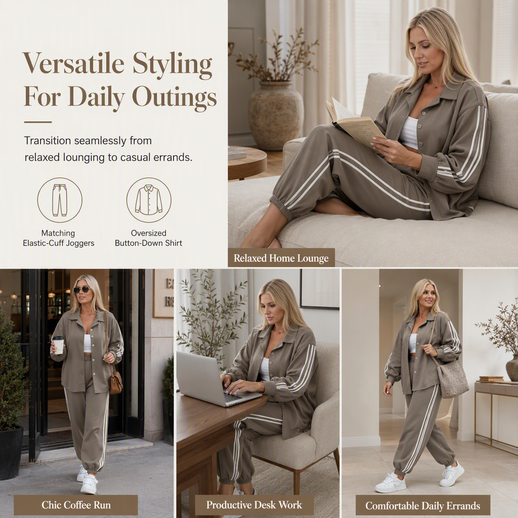 ⏰ Last Day Sale 58% Off | Women's Oversized Shirt & Side-Stripe Jogger 2-Piece Set