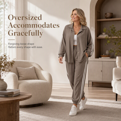⏰ Last Day Sale 58% Off | Women's Oversized Shirt & Side-Stripe Jogger 2-Piece Set