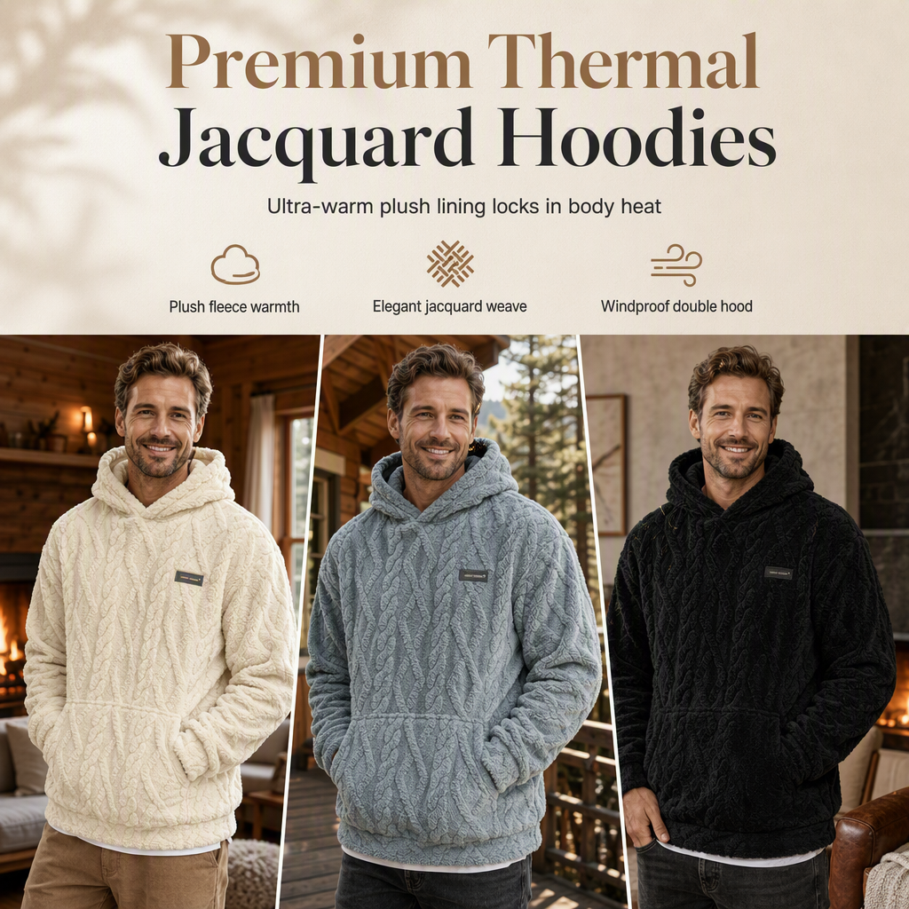 🧥Men's Winter Fleece Lined Hoodie Jacquard Pattern Long Sleeve Pullover Sweatshirt for Casual Outdoor Wear