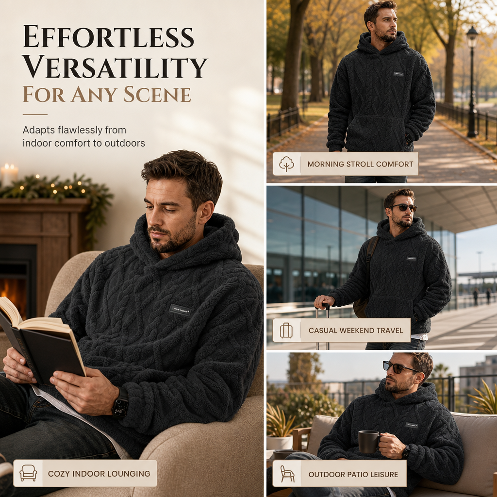 🧥Men's Winter Fleece Lined Hoodie Jacquard Pattern Long Sleeve Pullover Sweatshirt for Casual Outdoor Wear