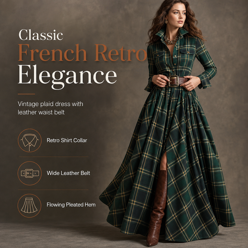 ✨ Cinched Waist, French-Inspired Plaid | Women's Pleated A-Line Dress ⚡ Free Shipping