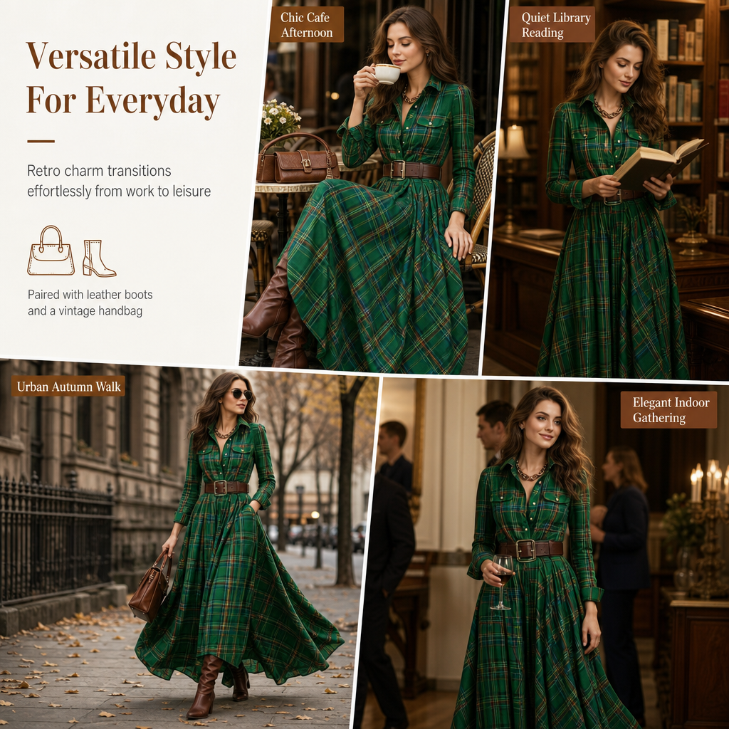 ✨ Cinched Waist, French-Inspired Plaid | Women's Pleated A-Line Dress ⚡ Free Shipping