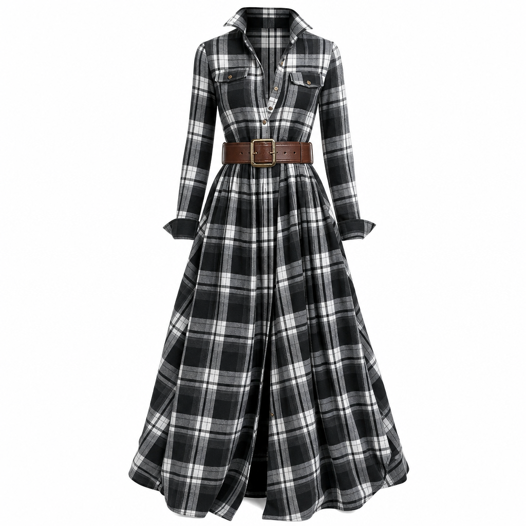 ✨ Cinched Waist, French-Inspired Plaid | Women's Pleated A-Line Dress ⚡ Free Shipping