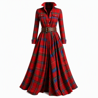 ✨ Cinched Waist, French-Inspired Plaid | Women's Pleated A-Line Dress ⚡ Free Shipping
