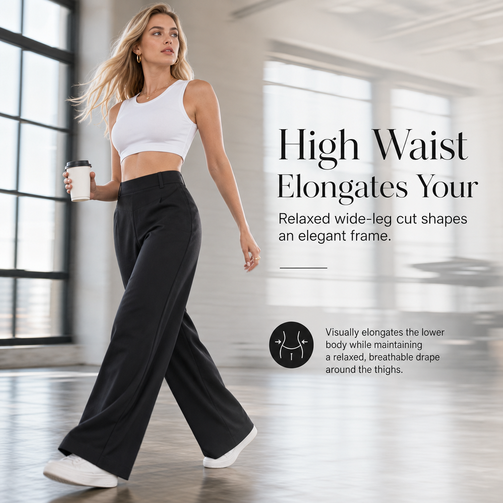 Women's Casual High Waisted Wide Leg Tailored Pants with Flowy Drape