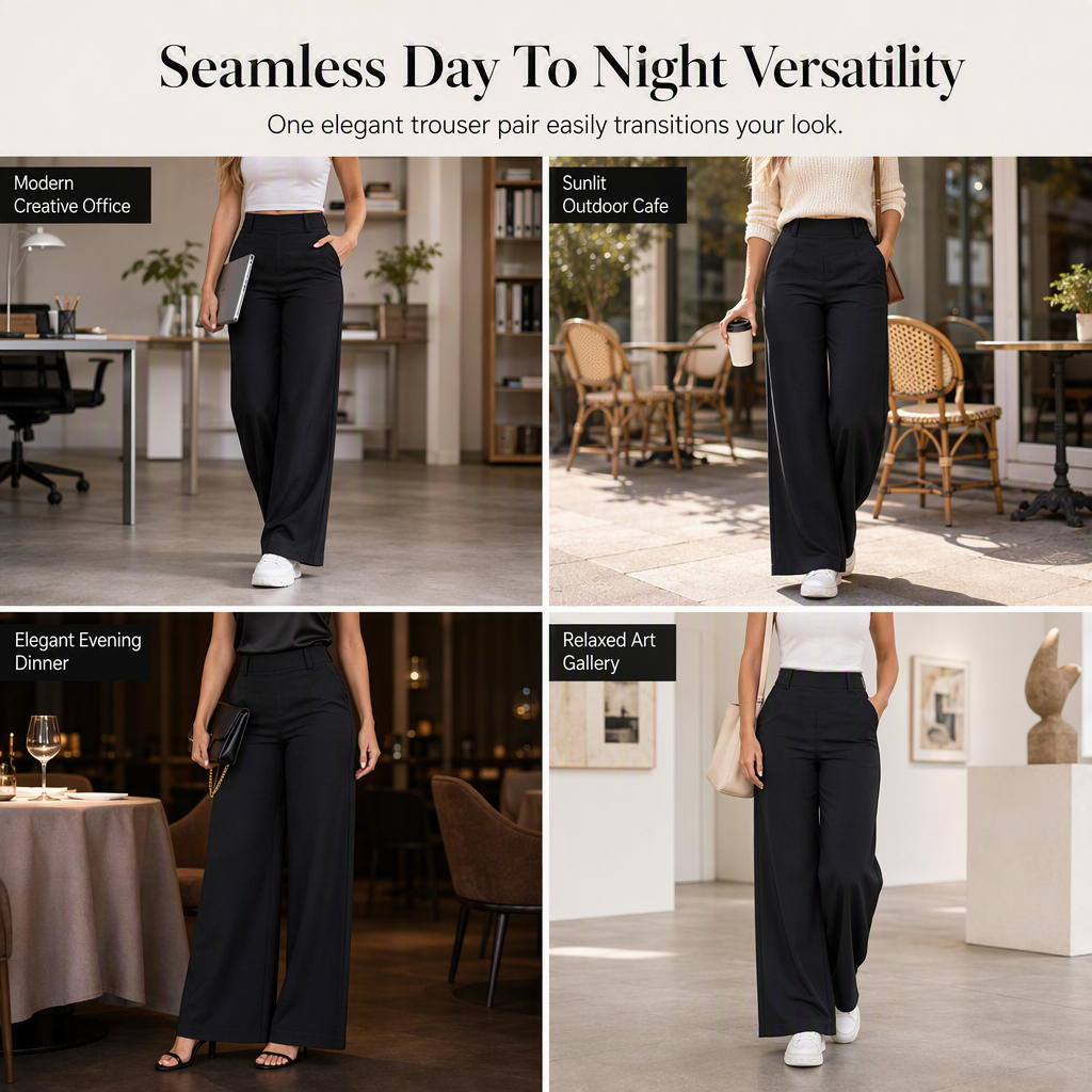 Women's Casual High Waisted Wide Leg Tailored Pants with Flowy Drape
