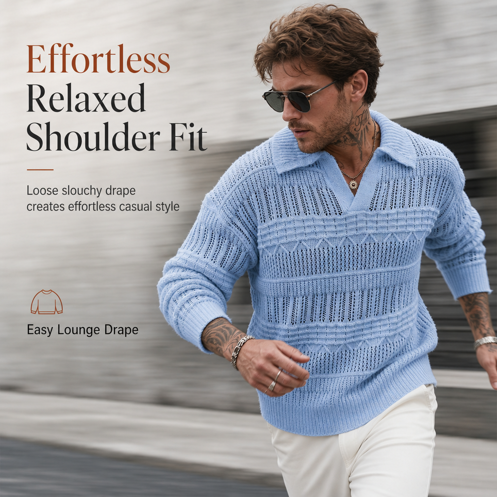 Men's Lapel Collar Hollow Out Knitted Sweater