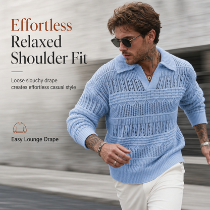 Men's Lapel Collar Hollow Out Knitted Sweater
