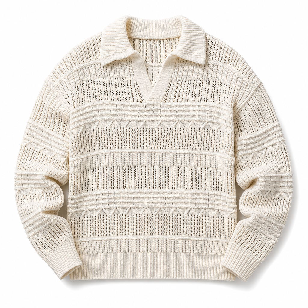 Men's Lapel Collar Hollow Out Knitted Sweater