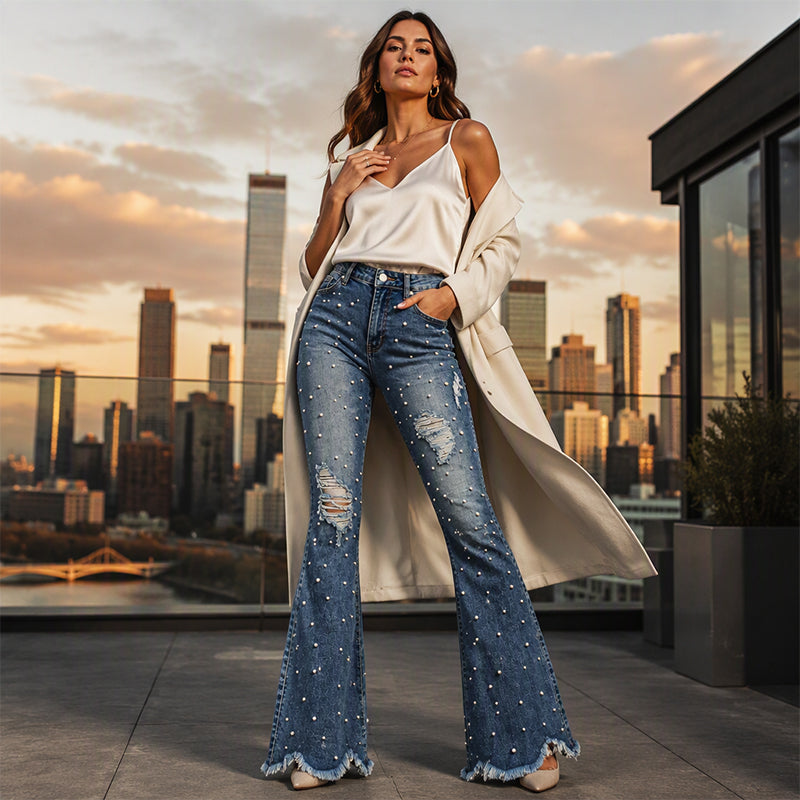 👖 Beaded Detail, Flattering Flare | Women's High-Waist Distressed Jeans