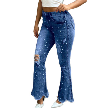👖 Beaded Detail, Flattering Flare | Women's High-Waist Distressed Jeans