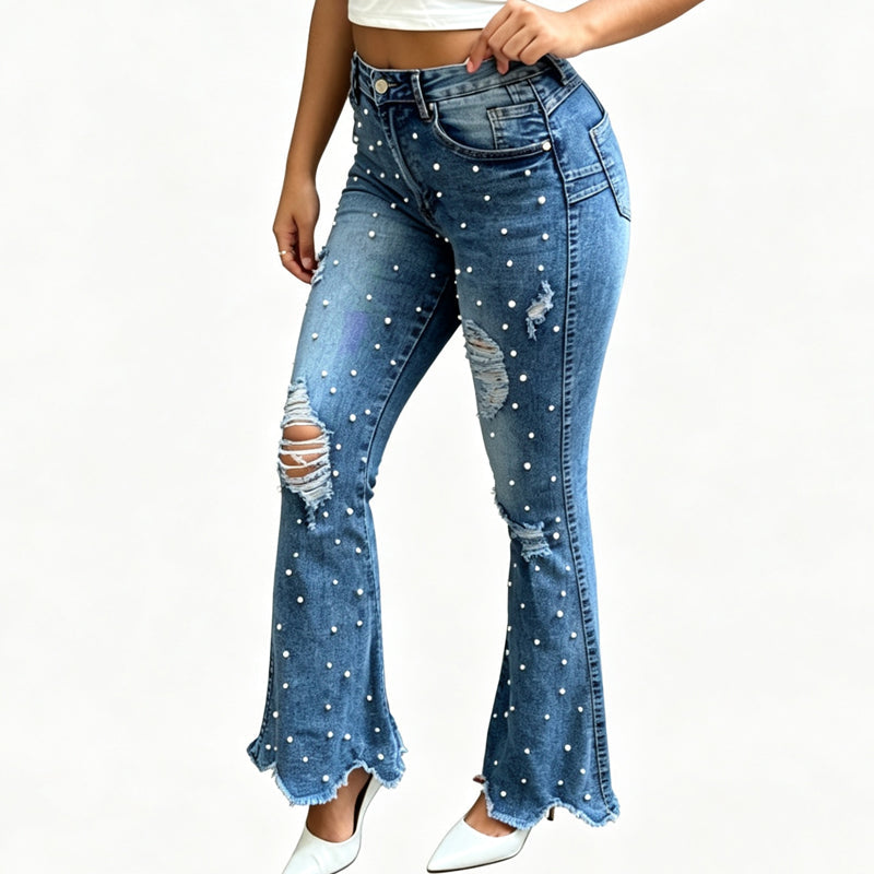 👖 Beaded Detail, Flattering Flare | Women's High-Waist Distressed Jeans