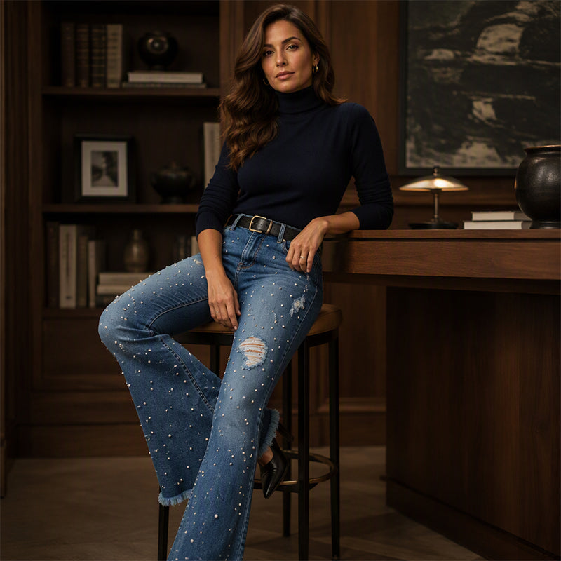 👖 Beaded Detail, Flattering Flare | Women's High-Waist Distressed Jeans
