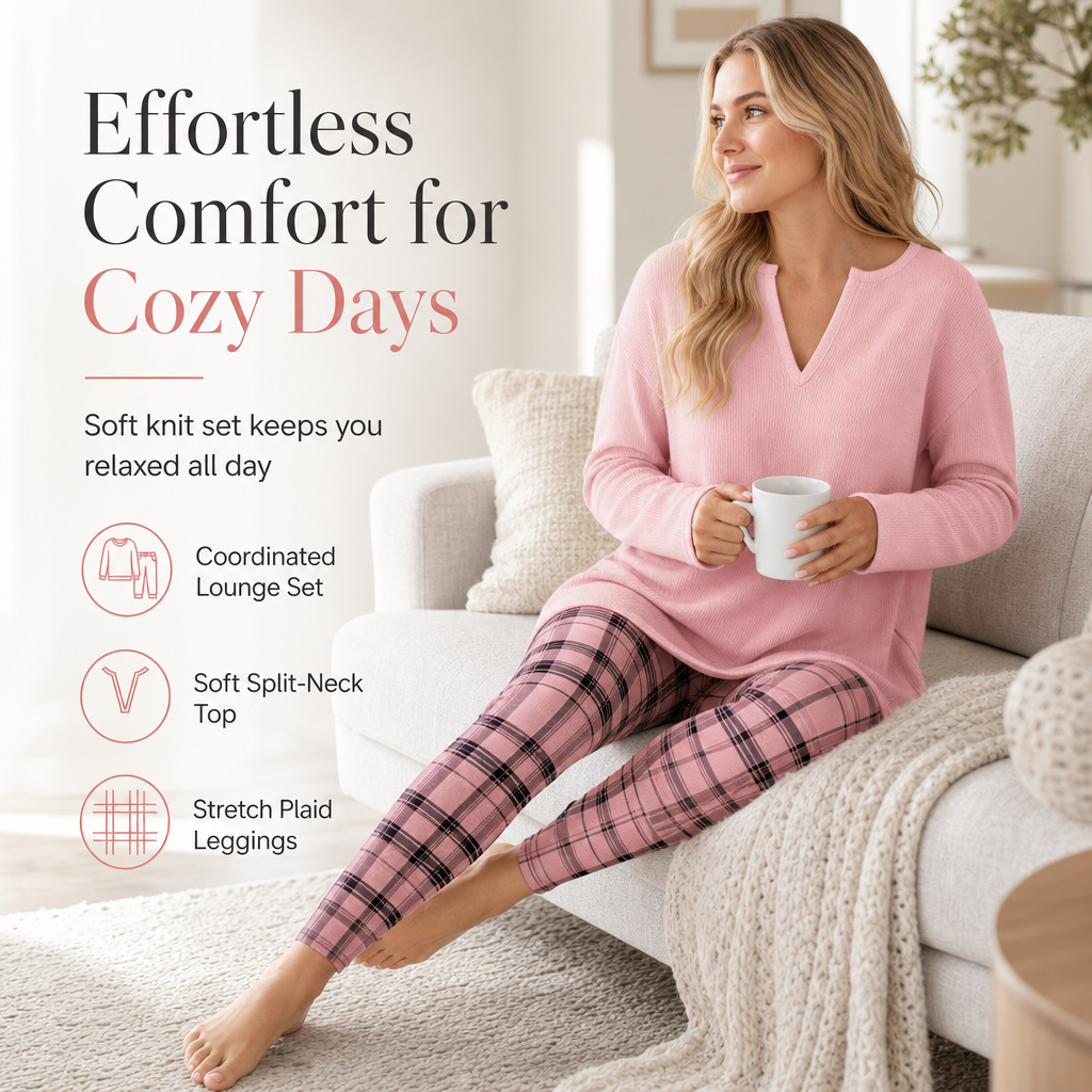 🎀 2 Pieces, Zero Matching Stress | Women's Knit Top & Plaid Leggings Set