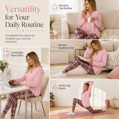 🎀 2 Pieces, Zero Matching Stress | Women's Knit Top & Plaid Leggings Set