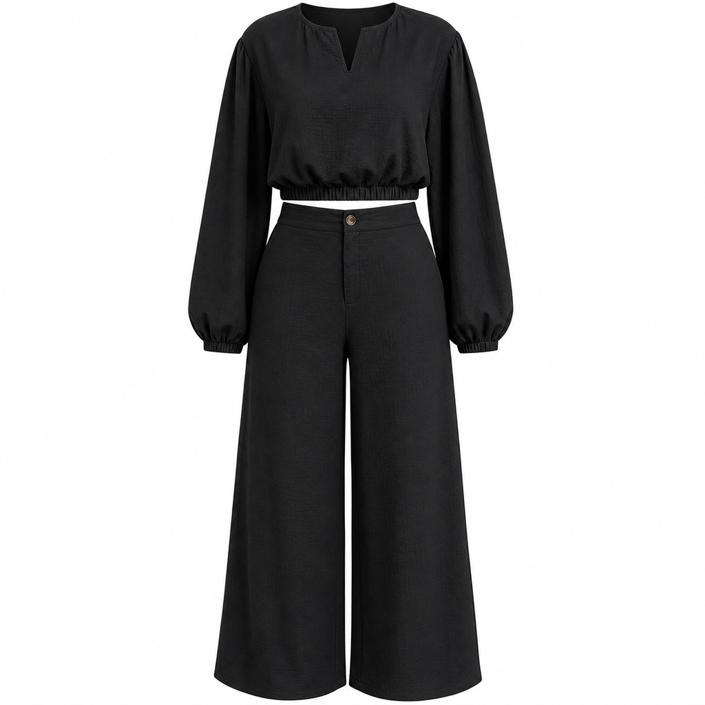 ✨ Breezy 2-Piece Style | Women's V-Neck Crop Top & High-Waisted Wide-Leg Pants Set