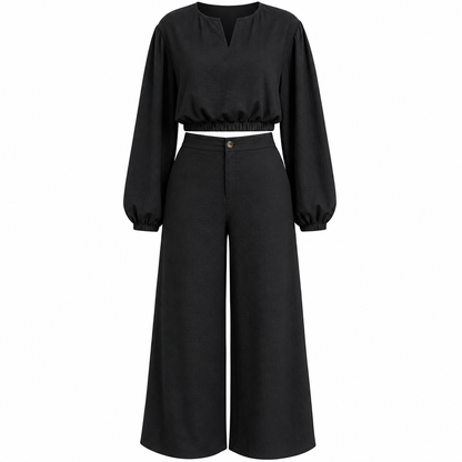 ✨ Breezy 2-Piece Style | Women's V-Neck Crop Top & High-Waisted Wide-Leg Pants Set