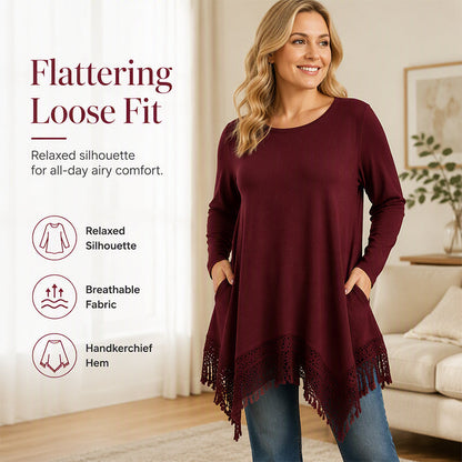 🌸 Tassel Lace Detail, Flattering Relaxed Drape | Women's Boho Tunic Top