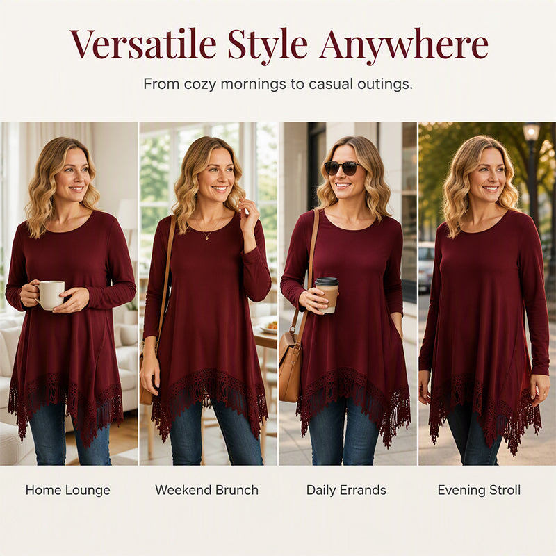 🌸 Tassel Lace Detail, Flattering Relaxed Drape | Women's Boho Tunic Top