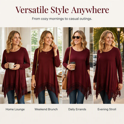 🌸 Tassel Lace Detail, Flattering Relaxed Drape | Women's Boho Tunic Top