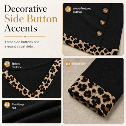 🐆 Leopard Details Make the Look | Women's V-Neck Contrast-Trim Knit Top